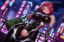 1girl ai_assisted ai_generated armor bare_shoulders black_bodysuit black_footwear city cityscape clouds cowboy_shot crotchless curvy dark_theme detailed_pussy dynamic_angle elbow_gloves fishnets gloves high_contrast huge_breasts kagami_hirotaka koukawa_oboro looking_at_viewer neon_lights night night_sky outdoors purple_eyes red_hair soft_shading taimanin_asagi_zero taimanin_suit thigh_gap visible_pussy