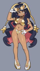 bikini black_hair busty busty_female busty_girl caraway_(pokemon) dark_skin female female_only game_freak long_hair looking_at_viewer multicolored_hair nintendo pokemon pokemon_champions smile smile_at_viewer sunglasses sunglasses_on_head