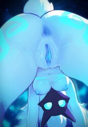 1girl all_fours anus ass breasts from_behind furry furry_female glowing glowing_eyes hackainax highres horns kindred_(league) lamb_(league) large_breasts league_of_legends long_hair mask nipples pussy sheep_tail solo tail white_hair