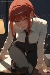 1girl ai_generated artist_name bangs black_neckwear black_pants blush braid braided_ponytail breasts business_suit chainsaw_man collared_shirt eyebrows_visible_through_hair formal hi_res high_quality high_resolution long_sleeves looking_at_viewer makima_(chainsaw_man) medium_breasts medium_hair necktie neckwear office_lady open_mouth pants patreon ringed_eyes seductive sexy shirt smile solo suit uncensored watermark white_shirt yellow_eyes