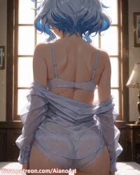 1girl ai_generated aianoart ass back bare_shoulders blue_hair bra cowboy_shot facing_away from_behind furina_(genshin_impact) genshin_impact indoors lamp light_particles long_sleeves median_furrow off_shoulder panties see-through shirt solo underwear white_bra white_panties white_shirt window