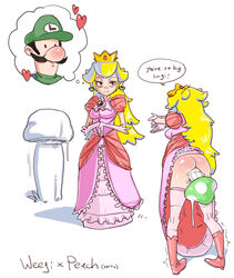 highres luigi mario_(series) mushroom nintendo porntime princess_peach speech_bubble straight_hair super_mario_bros. text what