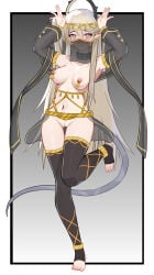 1girl @_@ absurdres alternate_costume arknights black_background black_sleeves black_thighhighs border breasts chinese_commentary closed_mouth commentary_request dancer detached_sleeves full_body gradient_background grey_background grey_hair hair_between_eyes highres indigo_(arknights) infection_monitor_(arknights) leg_up long_hair long_sleeves looking_at_viewer medium_breasts mouth_veil muusn navel nipple_piercing nipples outside_border piercing pointy_ears pussy rabbit_pose solo standing standing_on_one_leg stirrup_legwear tail tearing_up thighhighs toeless_legwear toes uncensored variant_set veil very_long_hair white_border