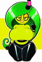 ai ai_generated alien alien_girl alien_humanoid big_breasts blue_eyes child_bearing_hips clenched_hand green_girl green_hair green_skin grin looking_at_viewer middle_finger novelai one_horn seductive sonic_lost_world sonic_the_hedgehog_(series) villainess wide_hips zeena zeti_(species)