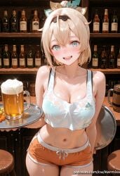 1girl ai_generated alcohol alternate_breast_size aqua_eyes bangs bare_shoulders beer beer_mug blonde_hair blue_eyes blush bra breasts cleavage cowboy_shot crop_top crossed_bangs cup hair_between_eyes hairband holding kazama_iroha kermixx large_breasts looking_at_viewer midriff navel open_mouth ponytail see-through short_shorts shorts smile solo sweat tank_top tray virtual_youtuber wet wet_clothes wet_shirt
