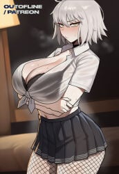 annoyed black_bra crossed_arms curvy eyeshadow fate/grand_order fate/stay_night fate_(series) fishnets goth jeanne_alter jeanne_d'arc_alter_(fate) large_breasts lips midriff school_uniform short_hair silver_hair voluptuous yellow_eyes