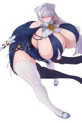 ass ass_visible_from_the_front bare_shoulders breasts covered_nipples female female_only gigantic_breasts hair_over_one_eye high_heels hoyoverse huge_breasts looking_at_viewer massive_ass massive_breasts pink_eyes pointy_ears puffy_nipples see-through simple_background thick thick_ass thick_thighs thighhighs velina_(zenless_zone_zero) velina_airgid very_long_hair white_background white_hair white_legwear zenless_zone_zero zer0artzer0