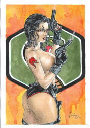 1girls ass baroness_(g.i._joe) big_ass big_breasts black_hair breasts female g.i._joe glasses gun oliver_lee solo tattoo topless traditional_media_(artwork)