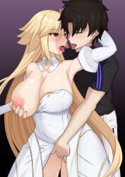 1boy 1girl antenna_hair archetype_earth arcueid_brunestud black_shirt blonde_hair blush breasts brown_hair cleavage closed_eyes commentary_request commission detached_sleeves dress fate/grand_order fate_(series) fingering fujimaru_ritsuka_(male) gold_trim grabbing_another's_breast groping hand_on_another's_head hetero high_collar highres large_breasts long_hair looking_at_another momosuke_(user_pupa3454) nipples open_mouth pants pixiv_commission pussy_juice red_eyes saliva saliva_trail sex sex_from_behind shirt sidelocks standing t-shirt teeth tongue tongue_out upper_teeth_only white_dress white_pants white_sleeves