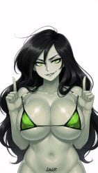 1girl anime_style artist:lollololli bare_arms bare_midriff bare_shoulders best_quality bikini black_hair black_trim breast_spillage cel_shading censored cleavage collarbone confident_smile cowboy_shot curvy deep_cleavage detailed_eyes detailed_face digital_art evil_smile front_view gigantic_breasts green_bikini green_eyes green_skin heavy_breasts holding_bikini hourglass_figure huge_breasts kim_possible long_hair looking_at_viewer masterpiece mature_female micro_bikini navel oily_skin pale_skin partially_undressed portrait posing pulling_straps revealing_clothes sharp_eyes shego shiny_skin sideboob simple_background skimpy_swimwear smile smirk soft_shading solo specular_highlights standing stomach string_bikini sweat sweaty swimwear thick_thighs underboob voluptuous water_drops wavy_hair wet_skin white_background wide_hips