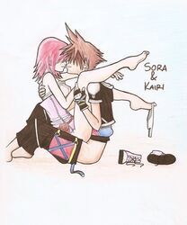 barefoot bottomless breasts clothed_sex couple disney drawn feet female fingerless_gloves hoodie kairi kingdom_hearts kingdom_hearts_2 nipples panties_around_leg panties_around_one_leg pants_pull sex shirt_lift shoes shorts sora square_enix straight