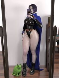 1boy 1girls 3d 3d_(artwork) beast_boy big_boobs big_breasts black_leotard boobs breasts dc dc_comics friends garfield_logan gray_skin gray_skinned_female grey_skin grey_skinned_female large_boobs large_breasts leotard popogori purple_hair purple_hair_female rachel_roth raven_(dc) selfie teen_titans thick_thighs thighs