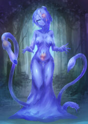 1girl bar_censor blue_eyes breasts censored colored_nipples colored_skin commentary_request completely_nude core forest full_body hair_over_one_eye head_tilt highres long_bangs medium_breasts monster_girl mosaic_censoring nature nude original outdoors purple_nipples purple_skin pussy pussy_tentacle slime_girl solo tentacles thigh_gap yadoku444