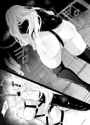 1girl absurdres alfin_reise_arnor animal_collar armbinder arms_behind_back ass ball_gag bdsm blush bondage boots bound bound_arms bow breasts chain chain_leash collar commentary_request commission drooling eiyuu_densetsu exhibitionism gag gagged gn_nanon greyscale harness highres holding holding_leash humiliation latex latex_boots latex_thigh_boots leash long_hair medium_breasts monochrome mouth_drool navel nipples nude outdoors park public_indecency restrained saliva sen_no_kiseki_(series) sen_no_kiseki_i shibari skeb_commission stairs thighs topless_female very_long_hair wiffle_gag