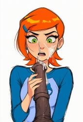 ai_generated ben_10 blue_hair_ornament blue_shirt blushing cookie-girl cum cum_on_face cumshot disembodied_penis equine_penis female_focus green_eyes gwen_tennyson horsecock medium_breasts orange_hair solo_female surprised surprised_expression touching_penis