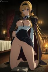 1girl ai_generated barefoot bed black_hairband black_skirt blonde_hair blue_eyes blush book breasts breasts_out candle candlestand cape cloak clothes_lift digitalwaifugallery hairband hi_res high_quality high_resolution indoors kneeling large_breasts lifted_by_self lihanna_owenzaus long_hair looking_at_viewer nipples no_bra no_panties open_clothes patreon pussy seductive sexy shirt skirt skirt_lift solo uncensored watermark white_shirt