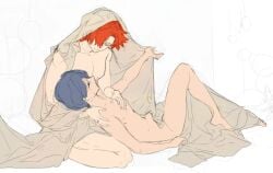 2boys chiem_david danganronpa:_despair_time fanganronpa gay gay_male hair_over_one_eye male male/male male_only matthews_xander nineonana one_eye_covered one_eye_obstructed only_male red_eyes sketch under_sheets yaoi