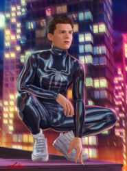 celebrity city city_background latex latex_suit male male_only marvel marvel_cinematic_universe marvel_comics night night_sky peter_parker rubber rubber_clothing rubber_suit seductive spider-man spider-man_(series) squat squatting superhero tom_holland zane_nox