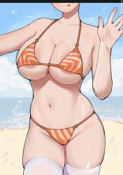 1girl areola_slip beach bikini breasts commentary_request crotch_seam head_out_of_frame highres large_areolae large_breasts navel orange_bikini original out_of_frame outside_border sand skindentation solo striped_bikini striped_clothes swimsuit thighhighs tongue tongue_out underboob water waving white_thighhighs you_fujie_de_lin_yang