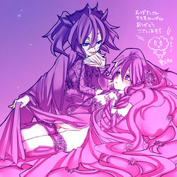 blue_eyes copyright_request crossdressing crown detached_sleeves femboy gradient hair_ornament kumonosuke licking long_hair lying monochrome nipples on_back penis pillow pink_eyes purple purple_eyes purple_hair thighhighs tongue very_long_hair