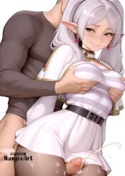 1boy 1girl ai_generated artist_name bangs belt black_belt black_shirt blush breast_grab breasts capelet cum cum_on_body cum_on_clothes cum_on_legs dress earrings ejaculation elf erection explicit facial frieren frieren_beyond_journey's_end grabbing grabbing_from_behind green_eyes grey_hair grin hetero jewelry long_hair long_sleeves medium_breasts nuageeart pantyhose parted_bangs parted_lips penis pointy_ears projectile_cum simple_background smile sousou_no_frieren striped striped_shirt thick_thighs thigh_sex thighs twintails uncensored white_background white_dress white_hair