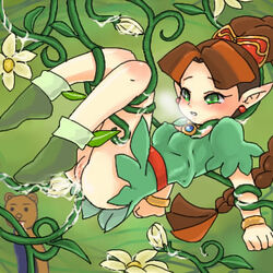 anal_penetration blush brown_hair clothed clothed_female clothed_sex exposed_pussy fairy flowers green_eyes lowres nintendo panel_de_pon pussy_juice restrained thiana_(panel_de_pon)