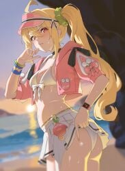 1girls ass beach blonde_hair cropped_jacket evening hood_down hooded_jacket looking_at_viewer luciana_de_montefio navel nvl open_jacket outdoors pink_jacket pleated_skirt red_eyes short_sleeves side_ponytail small_breasts solo sunset visor_cap wet white_bikini white_skirt zenless_zone_zero