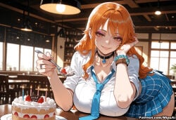 1girl ai_assisted ai_generated bangs black_choker blue_neckwear blush bracelet breasts cake choker cleavage collarbone collared_shirt cup curvaceous curvy curvy_female curvy_figure dress_shirt earrings eyebrows_visible_through_hair female food fruit indoors jewelry large_breasts long_hair looking_at_viewer miyuai nami_(one_piece) necktie one_piece orange_eyes orange_hair plaid_skirt plate pleated_skirt pov school_uniform shirt short_sleeves skirt smile solo solo_focus strawberry table thick thick_ass thick_butt thick_hips thick_legs thick_thighs voluptuous voluptuous_female white_shirt wide_hips wide_thighs window