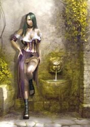 big_breasts black_hair breasts choker cleavage_cutout corset courtesan female fountain long_hair official_art prostitute solo solo_female the_witcher the_witcher_(series) the_witcher_1 wet_skin
