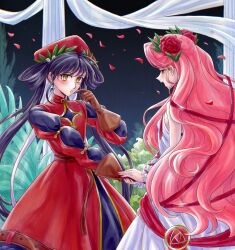 2girls belt beret black_hair blue_earrings blue_gem blue_gemstone blush blushing blushing_female brown_belt brown_gloves christianity crest dante_alighieri detached_cuffs detached_sleeves divine_comedy drawn earrings female female_focus female_only forest_background frilly frilly_clothing frilly_dress frilly_skirt gem gemstone gemstones gloves gold_trim golden_eyes grass grass_field hands_on_partner high_resolution highres history holding_hands jewelry laurel_crown laurels long_hair long_pink_hair long_twintails looking_at_another looking_at_partner looking_away looking_away_from_partner mythology nail_polish nailpolish night open_eyes open_mouth petals petite petite_body pink_hair pink_nail_polish pink_nails red_beret red_crest red_dress red_eyes red_ribbon red_ribbon_in_hair red_ribbons red_rose ribbon ribbons rose rose_(flower) rose_petals side_view smiling smiling_at_another smiling_at_partner tagme tagme_(artist) tagme_(character) tagme_(series) twintails twintails_(hairstyle) very_high_resolution very_long_hair virgil white_dress white_skin white_skinned_female white_skirt yellow_eyes yuri