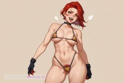 1girl ai_assisted ai_generated areola_slip aroused asymmetrical_gloves black_choker black_lipstick black_underwear brown_skirt cameltoe chain choker cleft_of_venus cowboy_shot crazy_smile drooling erect_nipples exhausted from_side gluteal_fold gold_armor heavy_breathing horny large_areola lewd looking_at_viewer marvel_rivals micro_bikini oiled_body open_mouth petite piercing posing puffy_areola puffy_lips purple_eyes pussy_juice_leaking red_cheeks red_eyes red_hair seductive_expression see_through sexy_pose single_pauldron sweaty teasing tight_clothing tongue_out wardrobe_malfunction wet_hair