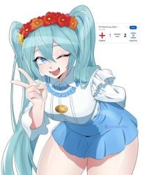 argentina argentinian_miku blue_eyes blue_hair blue_nails blue_skirt england flower_crown football hatsune_miku open_mouth score_overlay skirt soccer thick_thighs thighs white_clothing