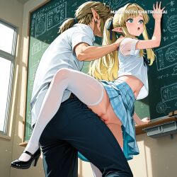 1girl against_wall ai_assisted ai_generated aqua_eyes blonde_hair chalkboard checkered_skirt doggy_style doggy_style_sex dripping_pussy facing_forward forced from_behind hand_on_back hand_on_neck head_turned long_hair looking_away looking_away_from_viewer looking_forward midriff navel no_panties petite_girl