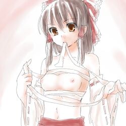 1girls breasts brown_hair detached_sleeves female female_only human japanese_clothes lowres miko mizuki_riko mouth_hold oekaki reimu_hakurei ribbon sarashi solo touhou yellow_eyes