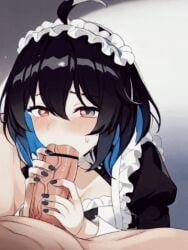 1boy 1girls ai_generated black_hair blowjob blue_eyes blue_hair blush blushing clothed clothing fellatio gif honkai_(series) honkai_impact_3rd maid maid_headdress maid_uniform oral seele_vollerei short_hair size_difference submissive submissive_female