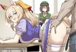 1boy 2girls ai_generated bending_over blonde_hair blue_eyes bowler_hat closed_eyes durandal_(umamusume) grabbing_another's_ass green_hat green_jacket hayakawa_tazuna holding_book horse_ears horse_girl horse_tail penis ponytail puffy_short_sleeves sex_from_behind shaded_face single_ear_cover smile streaked_hair table tail tracen_school_uniform umamusume umamusume_pretty_derby white_skirt white_streak white_thighhighs yellow_necktie