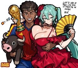 2026 big_breasts blue_eyes blue_hair brown_eyes brown_hair bull dark-skinned_male dark_skin el_rincon_de_amber hatsune_miku lamine_yamal looking_at_viewer pale-skinned_female pale_skin spanish_miku tagme trophy vocaloid watermark white_background world_cup