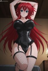 1girl ahoge ai_generated armpits arms_up black_corset black_leotard blue_eyes breasts cleavage corset digitalwaifugallery fishnet_thighhighs fishnets garter_straps green_eyes hair_between_eyes hi_res high_quality high_resolution high_school_dxd huge_ahoge indoors large_breasts leotard long_hair looking_at_viewer patreon red_hair rias_gremory seductive sexy solo thighhighs uncensored very_long_hair watermark