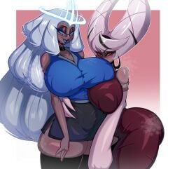 2girls alternate_version_available angel angel_girl big_ass black_skirt black_thighhighs blue_eyelashes blue_eyes blue_lips blue_lipstick blue_shirt bottomwear breasts carmilla_carmine clothing demon demon_girl detached_sleeves dress ear_piercing earrings eyelashes female female_only grey_hair grey_sclera hair half-closed_eyes halo hand_on_hip hazbin_hotel hips hoop_earrings huge_breasts large_breasts lips lipstick long_hair mature mature_female mature_woman milf mother nipple_bulge pencil_skirt red_dress red_sclera sera_(hazbin_hotel) shirt skirt steam steamy stormrayneart textless textless_version thick_thighs thighhighs thighs topwear white_eyes white_hair wide_hips