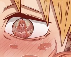 1boy 1girl alternate_breast_size_(larger) blonde_hair breasts chainsaw_man commentary_request denji_(chainsaw_man) drooling_on_another eye_reflection fangs gigantic_breasts heavy_breathing hetero highres horns implied_sex nipples nude omukosaikou orange_eyes orange_hair power_(chainsaw_man) reflection saliva steaming_body tongue tongue_out