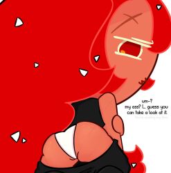1girls artist_request ass_focus chili_pepper_cookie clothed cookie_run cookie_run:_tower_of_adventures cookie_run_kingdom cookie_run_ovenbreak dialogue female_focus female_only looking_at_viewer looking_back panties pants_down red_body scars_on_body tagme_(artist) talking_to_viewer