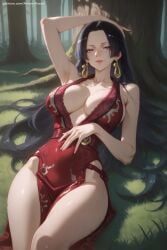 1girl ai_generated bare_shoulders black_hair blue_eyes boa_hancock breasts chinese_clothes cleavage collarbone dress earrings hi_res high_quality high_resolution jewelry large_breasts long_hair looking_at_viewer one_piece patreon patreon_username red_dress seductive sexy smile solo thighs uncensored very_long_hair watermark