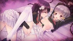 2girls arms_up bed_sheet black_hair black_socks bound bound_arms bra bra_lift braid breasts brown_eyes brown_shirt buttons clothes_lift collarbone double-breasted dutch_angle fingering flower from_above game_asset grabbed_by_tentacles grey_hair grey_sailor_collar hair_flower hair_ornament hiraoka_mutsuki indoors kamitsure_~7_no_nijou_fushigi~ kneehighs leg_up long_hair long_sleeves looking_at_another lying mizuki_kotora multiple_girls neckerchief necktie nipples non-web_source official_art on_back on_bed open_mouth panties pleated_skirt profile red_eyes red_neckerchief sailor_collar school_uniform shirt shirt_lift short_hair skirt skirt_lift socks tentacles thighhighs thorns twin_braids underwear white_bra white_panties white_shirt white_thighhighs yuri yurigaoka_nanami