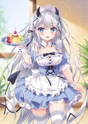 1girl ameto_yuki blush breasts cleavage demon_girl demon_horns demon_tail devil_girl devil_horns devil_tail frilled_skirt frills garter_belt gray_hair hair_ornament highres horn horns large_breasts maid maid_apron maid_headdress maid_outfit maid_uniform original parfait skirt thighhighs valentine valentine's_day