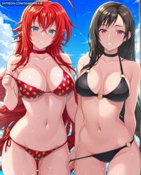 2girls ahoge ai_generated arm_behind_back ass_visible_through_thighs bare_shoulders bikini bikini_pull black_bikini black_choker black_hair blue_eyes blue_sky blush breasts choker cleavage clothes_pull cloud collarbone color_connection cowboy_shot crossed_bangs crossover dandanhub day final_fantasy food_print grin groin hair_between_eyes high_school_dxd huge_ahoge large_breasts long_hair looking_at_viewer low-tied_long_hair multiple_crossover multiple_girls navel o-ring o-ring_bikini ocean outdoors parted_lips print_bikini pulled_by_self red_bikini red_choker red_eyes red_hair rias_gremory shiny_skin side-tie_bikini_bottom sky smile standing stomach strawberry_print swept_bangs swimsuit thighs tifa_lockhart trait_connection very_long_hair water wet
