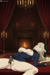 1girl ai_generated ass black_headwear blonde_hair blue_dress breasts breasts_out brown_gloves candle censored digitalwaifugallery dress fate_(series) female_masturbation fingering flower fur_collar gloves green_eyes hat hi_res high_quality high_resolution indoors large_breasts long_hair long_sleeves lying masturbation nipples on_back open_mouth patreon pussy reines_el-melloi_archisorte seductive sexy solo spread_legs uncensored watermark