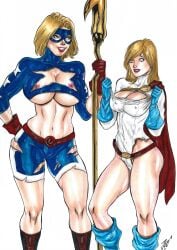 2girls big_breasts blonde_hair breast_envy breast_size_difference breasts cleavage_cutout dc_comics female female_only huge_breasts josileudo nipples outfit_swap power_girl stargirl traditional_media_(artwork)
