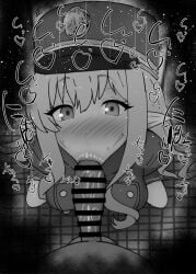 1boy 1girls :>= big_penis black_and_white blue_archive blush censored dark-skinned_male dark_skin detailed_background drooling eyelashes fellatio female hat heart hikari_(blue_archive) humanoid indoor inside kurotama long_hair looking_at_viewer male male_pov oral oral_sex penis pointy_ears room saliva shiny shiny_skin sketch sound_effects squatting straight sweat text top_hat vein veins veiny veiny_penis
