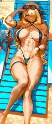 1girls 2d abs beach beach_chair bikini blonde_hair breasts cynthia_(pokemon) female female_only game_freak generation_4_pokemon gible hair_over_one_eye light-skinned_female light_skin loooyd muscular muscular_female nintendo outdoors pokemon pokemon_(species) pokemon_dppt solo solo_female sunglasses sunglasses_on_head tagme thighs