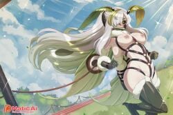 1girl absurdres ahegao ai_generated antennae bdsm bit_gag blush bondage brown_harness detailed_background drooling dynamic_pose embarrassed_nude_female green_hair harness highres indie_virtual_youtuber insect_girl juniper_(egocider) juniper_actias large_breasts long_hair monster_girl moth_girl multicolored_hair multiple_arms naticai nipples nude outdoors ponyplay pussy racetrack running shiny_skin sky solo sparkles sweat virtual_youtuber vtuber white_hair wide_eyes